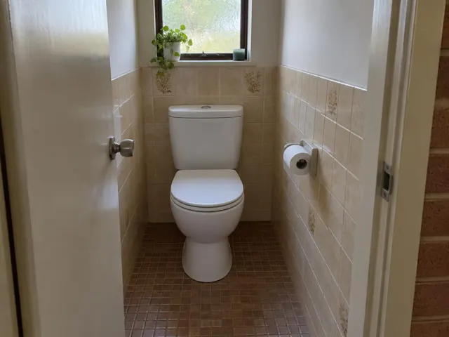 Clean white toilet in a small tiled bathroom with a window and open door in Gymea