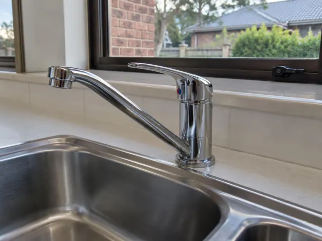 Chrome kitchen mixer tap above stainless sink and benchtop by a window in Engadine